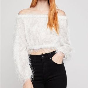 BCBG White Off-shoulder Fringe Crop Top